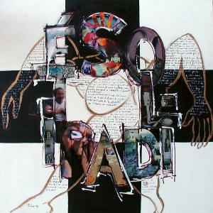 "Solidarité", acrylique et collages sur toile, 90 x 90cm , 2004